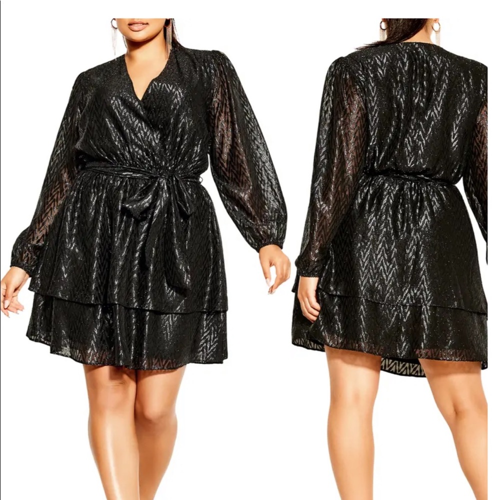 NWT city chic sexy glimmer faux wrap dress long sleeve XXL plus size 24 black